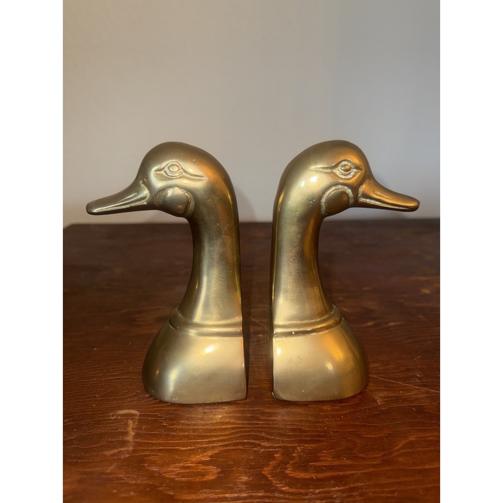 Vtg. Brass Duck Goose Head Bookends Leonard Silver Doorstop 6" Tall 1950's